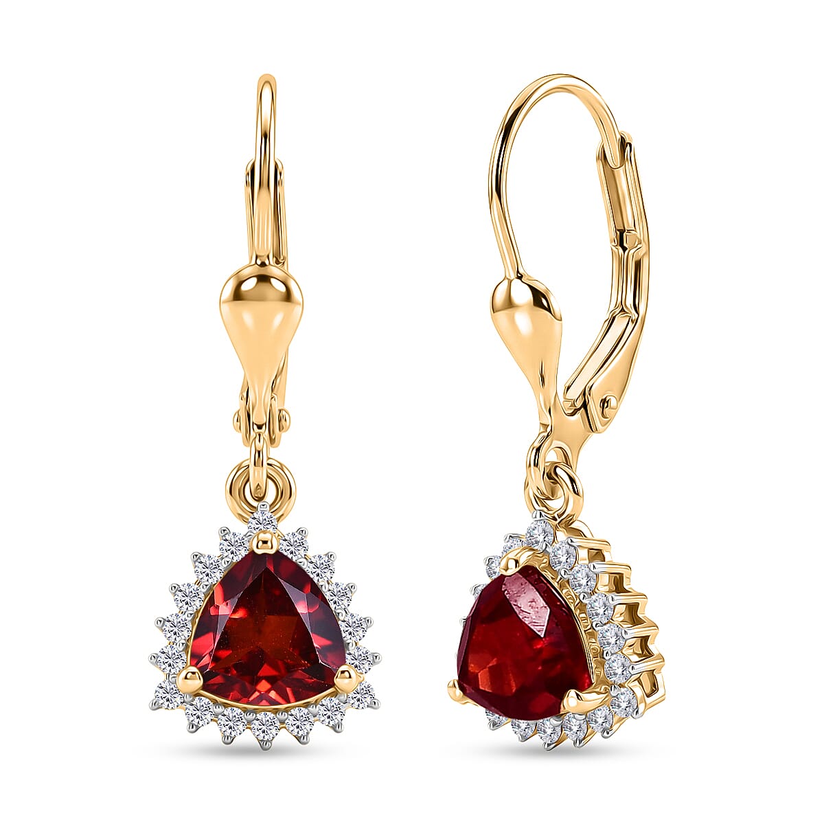 Royal Bali Collection - D'Joy Red Garnet & White Zircon Lever Back Earring in 18K Vermeil Yellow Gold Plated Sterling Silver 2.13 Ct.