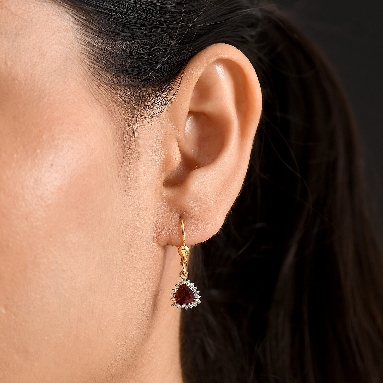 Royal Bali Collection - D'Joy Red Garnet & White Zircon Lever Back Earring in 18K Vermeil Yellow Gold Plated Sterling Silver 2.13 Ct.