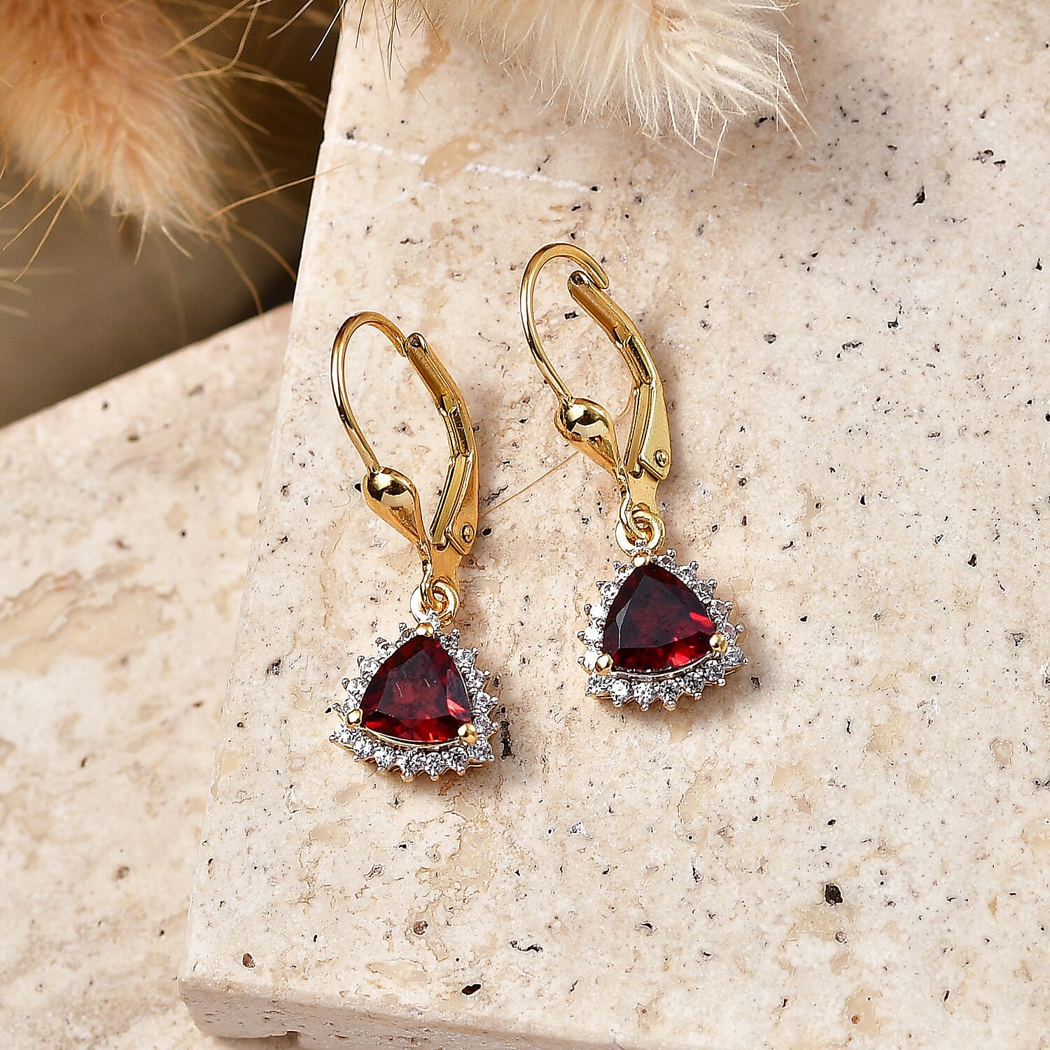 Royal Bali Collection - D'Joy Red Garnet & White Zircon Lever Back Earring in 18K Vermeil Yellow Gold Plated Sterling Silver 2.13 Ct.