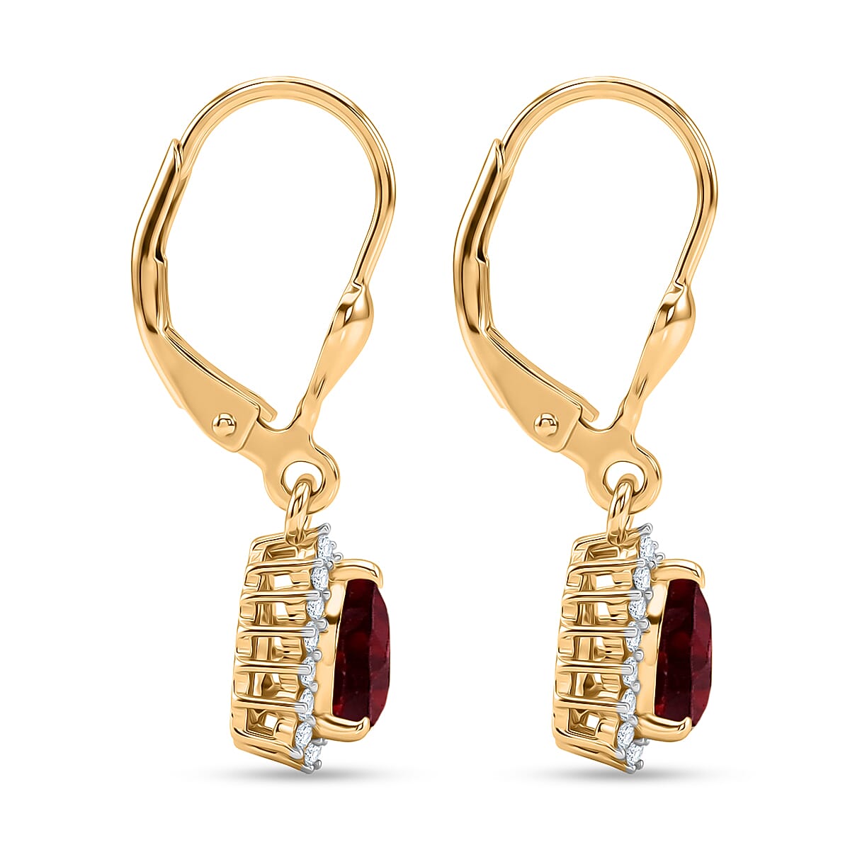 Royal Bali Collection - D'Joy Red Garnet & White Zircon Lever Back Earring in 18K Vermeil Yellow Gold Plated Sterling Silver 2.13 Ct.