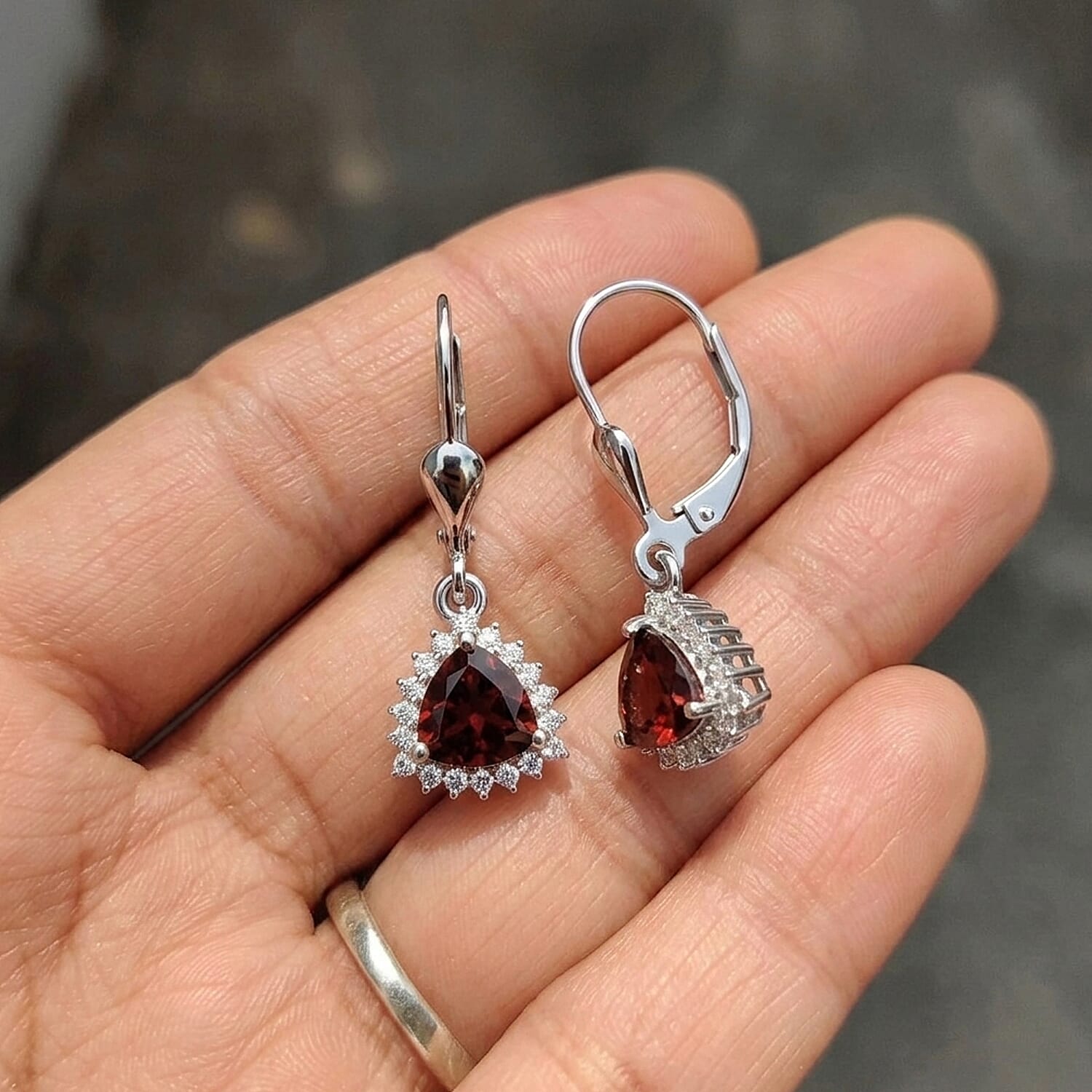 Royal Bali Collection - D'Joy Red Garnet & White Zircon Lever Back Earring in Rhodium Overlay Sterling Silver 2.13 Ct.