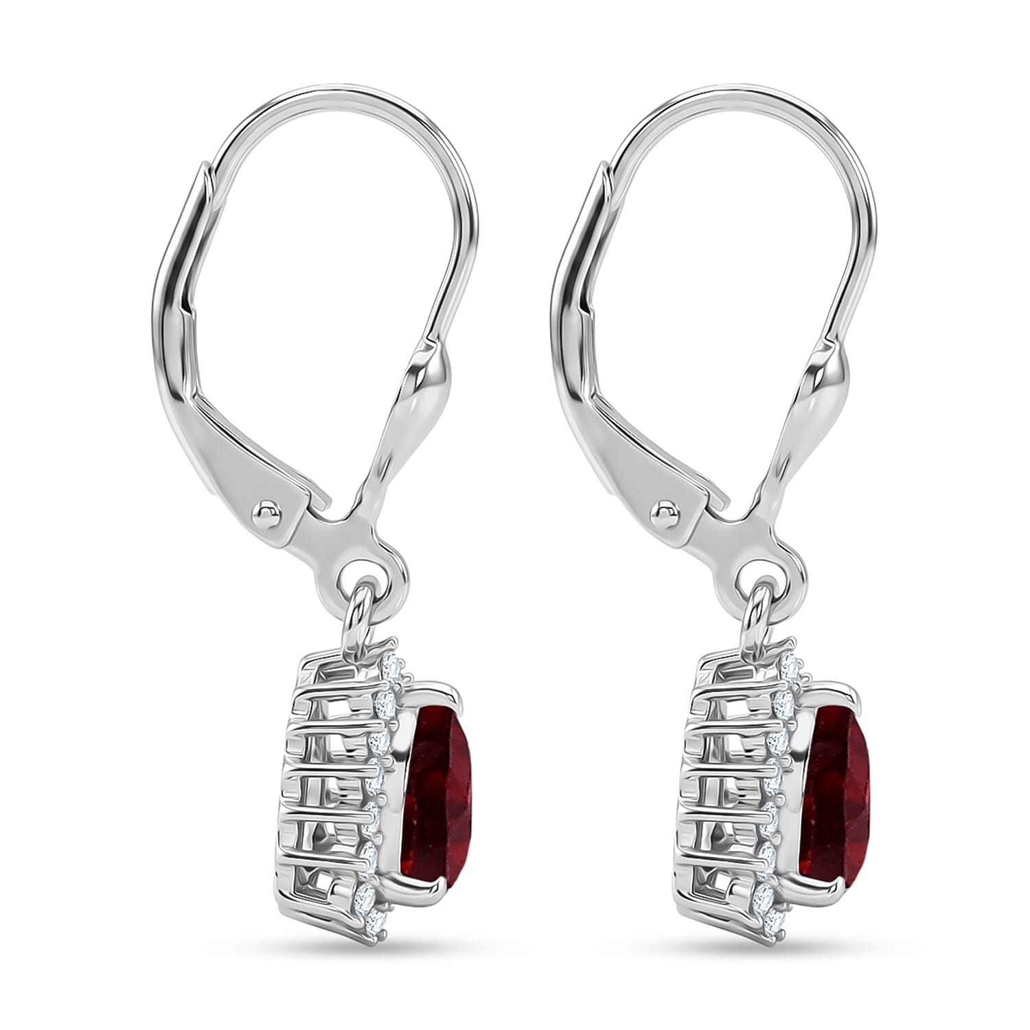Royal Bali Collection - D'Joy Red Garnet & White Zircon Lever Back Earring in Rhodium Overlay Sterling Silver 2.13 Ct.