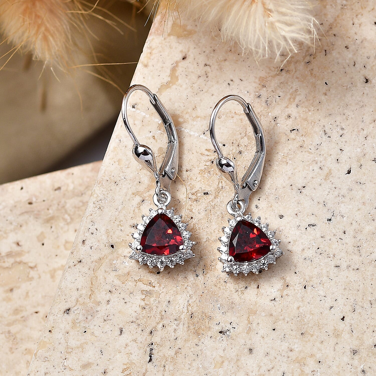 Royal Bali Collection - D'Joy Red Garnet & White Zircon Lever Back Earring in Rhodium Overlay Sterling Silver 2.13 Ct.