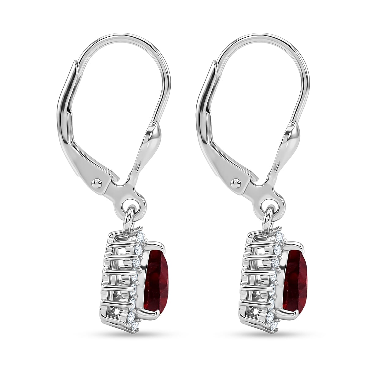 Royal Bali Collection - D'Joy Red Garnet & White Zircon Lever Back Earring in Rhodium Overlay Sterling Silver 2.13 Ct.