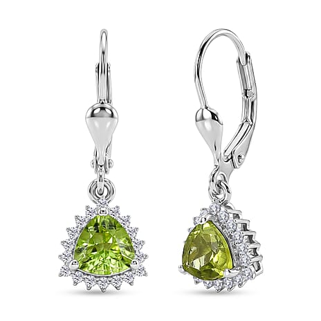 Royal Bali Collection - D'Joy Peridot & White Zircon Lever Back Earring in Rhodium Overlay Sterling Silver 2.00 Ct.