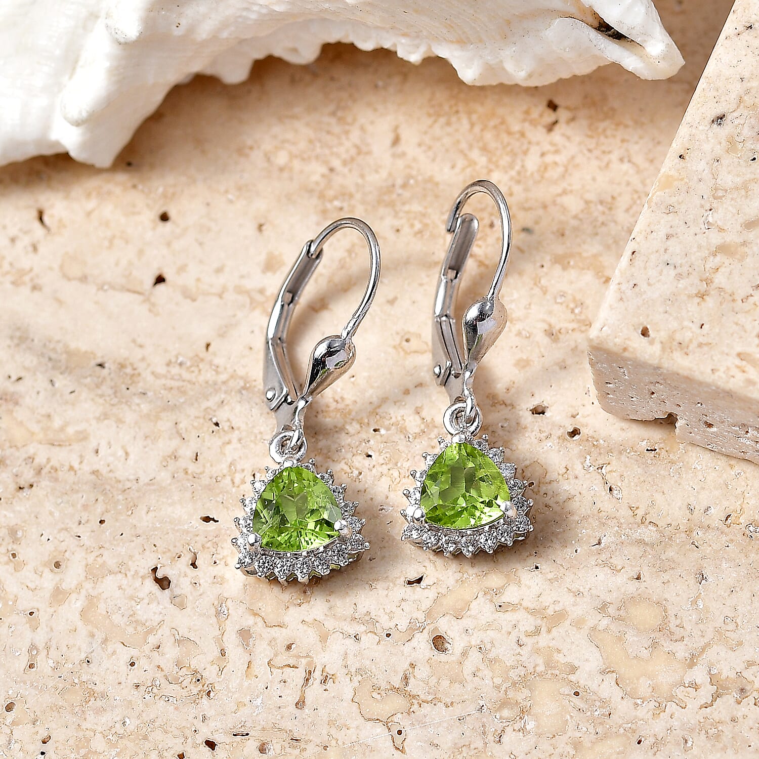 Royal Bali Collection - D'Joy Peridot & White Zircon Lever Back Earring in Rhodium Overlay Sterling Silver 2.00 Ct.