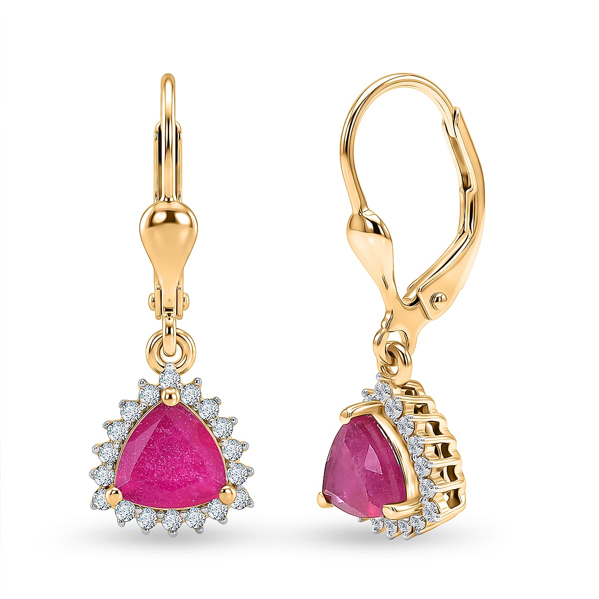 Royal Bali Collection - D'Joy African Ruby & White Zircon Trillion Cut Halo Earring with Lever Back in 18K Vermeil Yellow Gold Plated Sterling Silver 2.72 Ct.