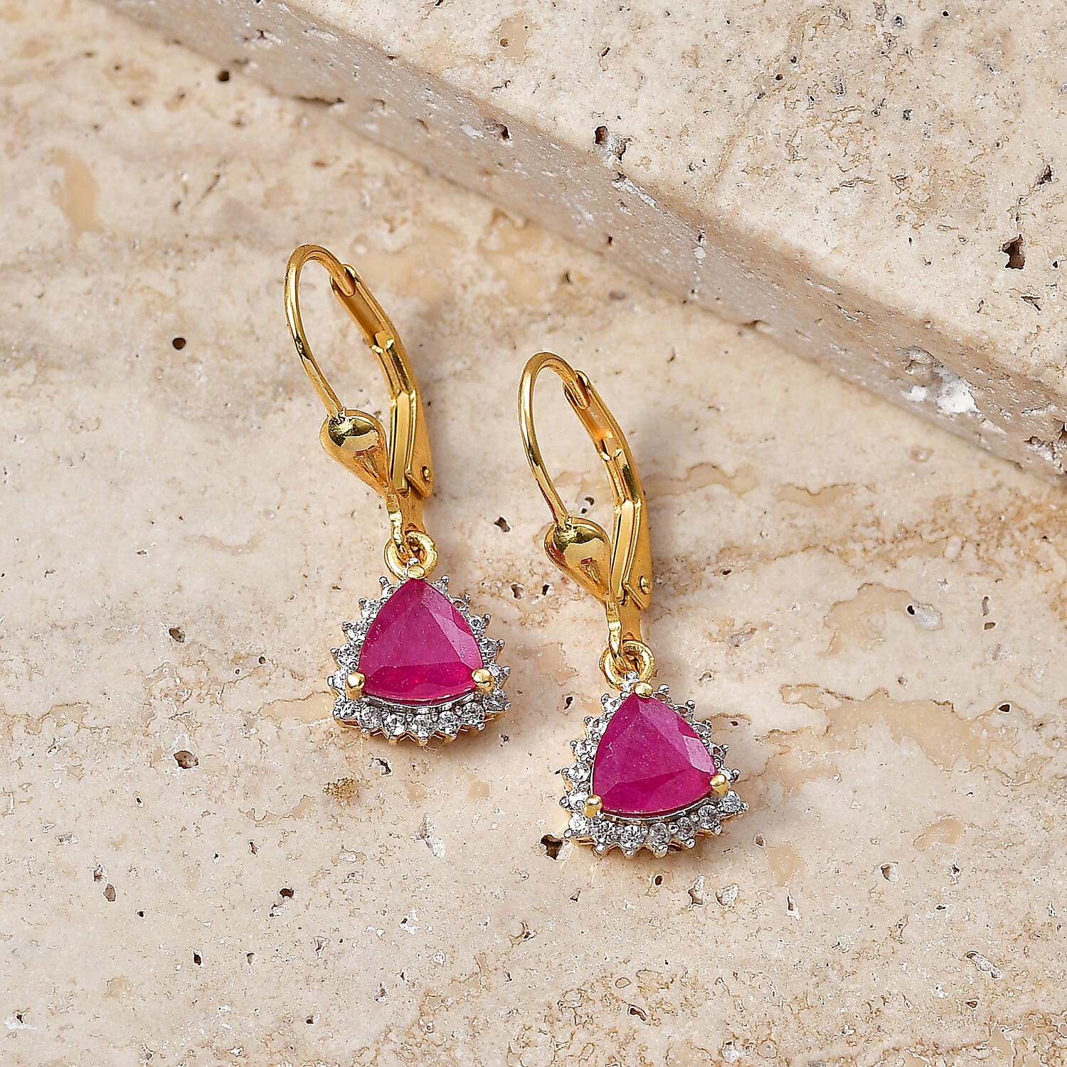 Royal Bali Collection - D'Joy African Ruby & White Zircon Trillion Cut Halo Earring with Lever Back in 18K Vermeil Yellow Gold Plated Sterling Silver 2.72 Ct.
