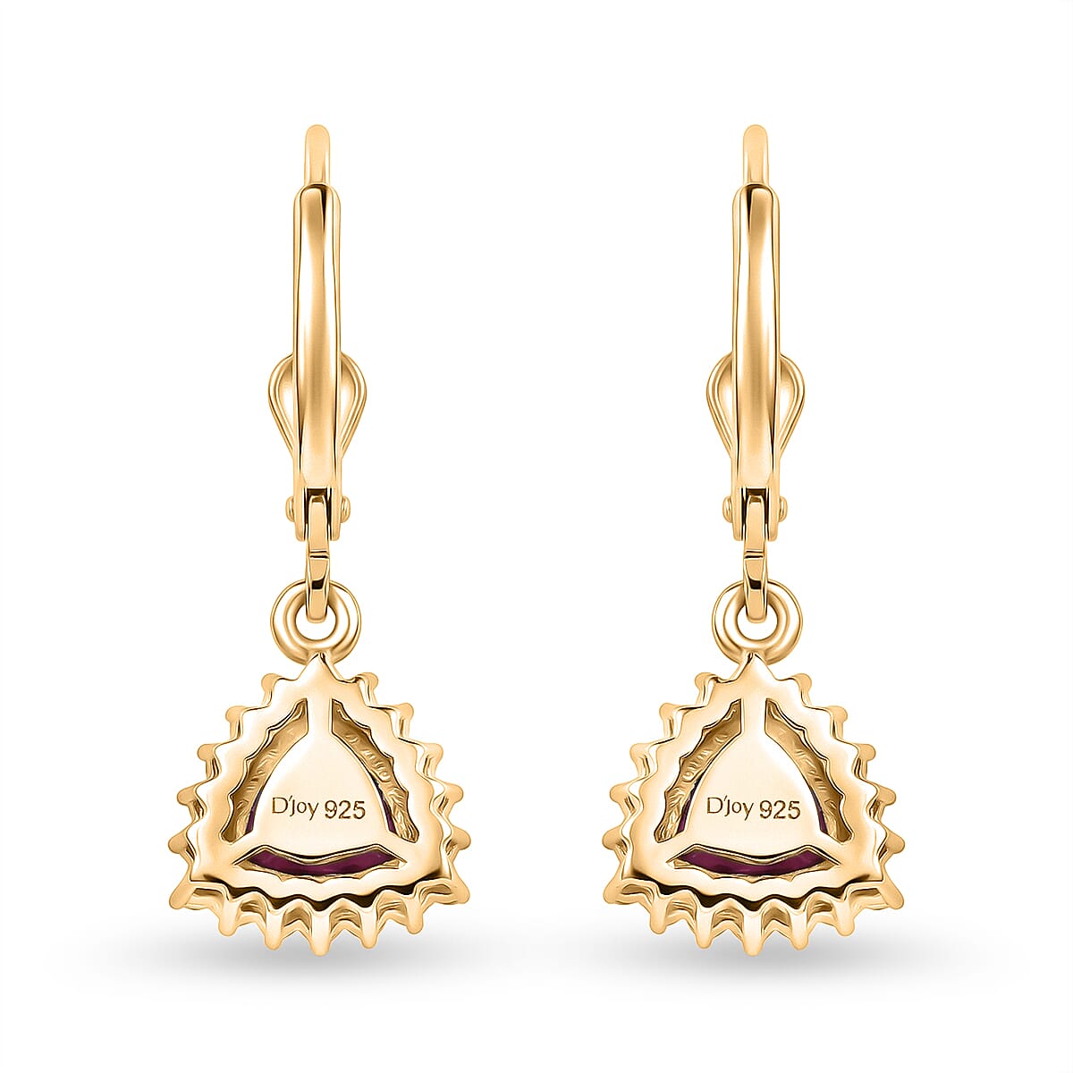 Royal Bali Collection - D'Joy African Ruby & White Zircon Trillion Cut Halo Earring with Lever Back in 18K Vermeil Yellow Gold Plated Sterling Silver 2.72 Ct.