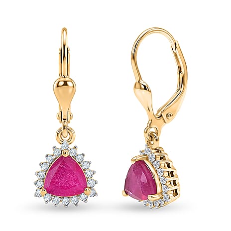 Royal Bali Collection - D'Joy African Ruby & White Zircon Trillion Cut Halo Earring with Lever Back in 18K Vermeil Yellow Gold Plated Sterling Silver 2.72 Ct.