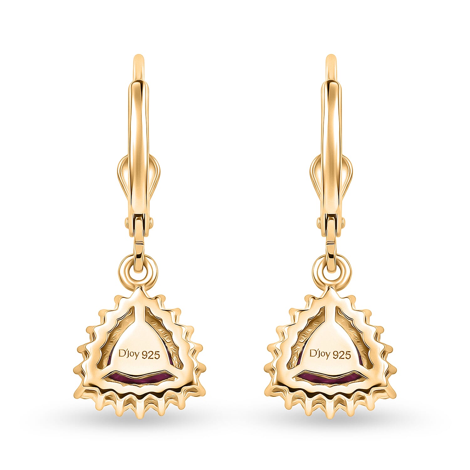 Royal Bali Collection - D'Joy African Ruby & White Zircon Trillion Cut Halo Earring with Lever Back in 18K Vermeil Yellow Gold Plated Sterling Silver 2.72 Ct.