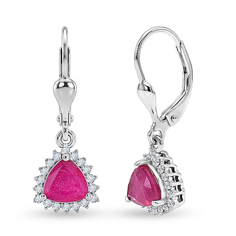 Royal Bali Collection - D'Joy African Ruby & White Zircon Trillion Cut Halo Earring with Lever Back in Rhodium Overlay Sterling Silver 2.72 Ct.