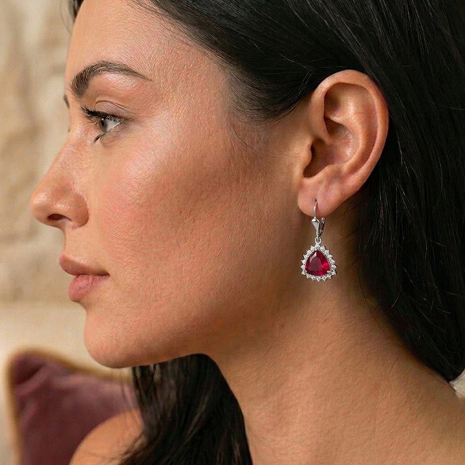 Royal Bali Collection - D'Joy African Ruby & White Zircon Trillion Cut Halo Earring with Lever Back in Rhodium Overlay Sterling Silver 2.72 Ct.