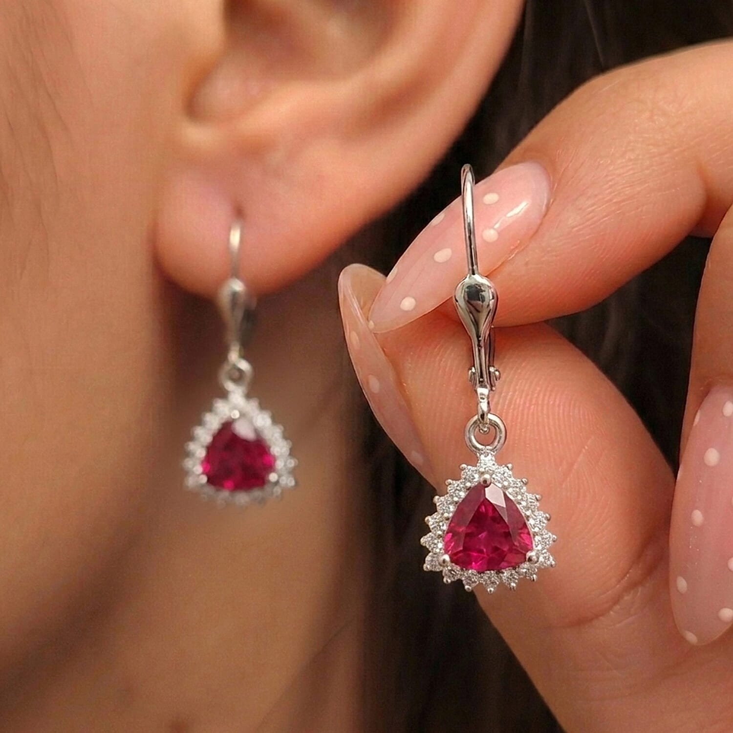 Royal Bali Collection - D'Joy African Ruby & White Zircon Trillion Cut Halo Earring with Lever Back in Rhodium Overlay Sterling Silver 2.72 Ct.