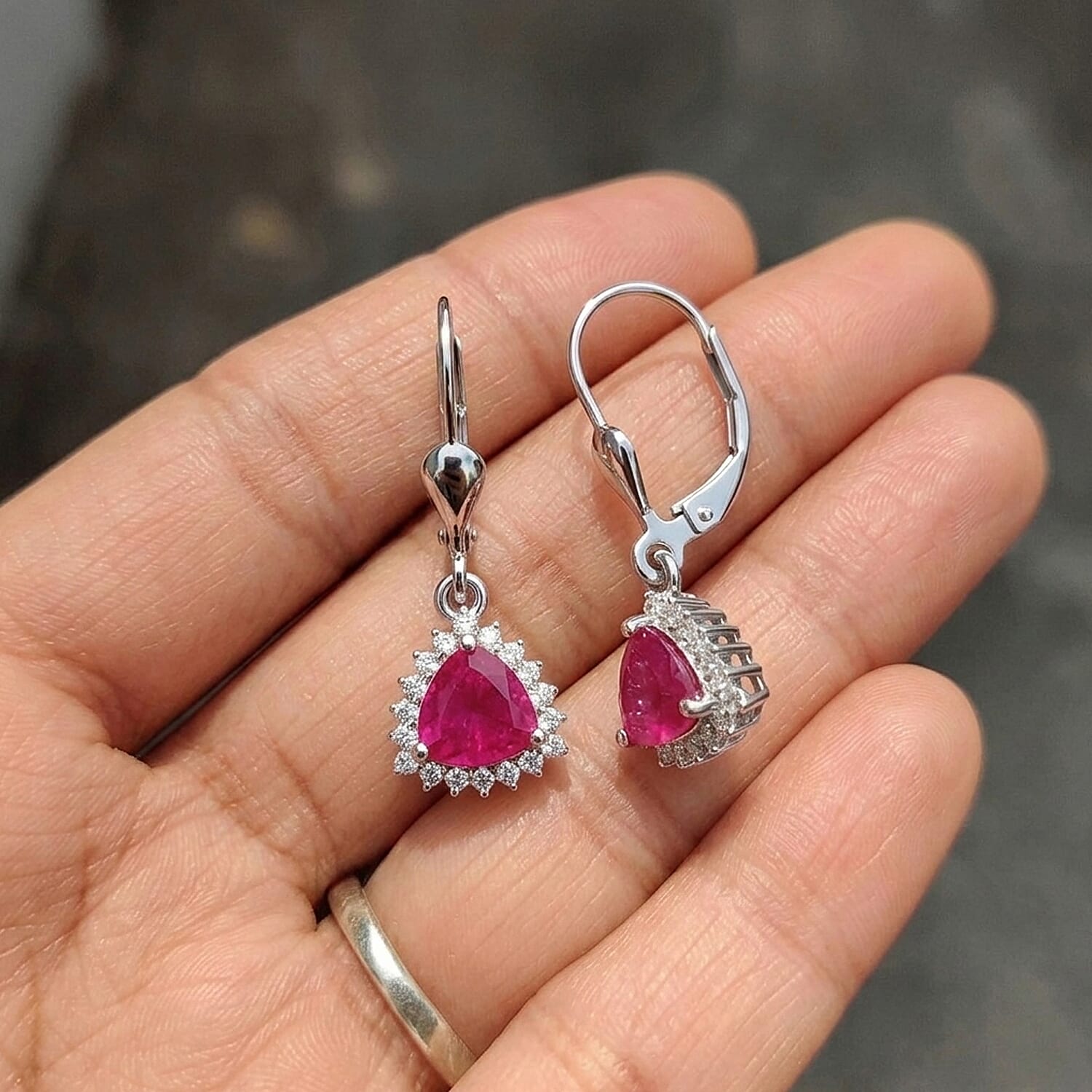 Royal Bali Collection - D'Joy African Ruby & White Zircon Trillion Cut Halo Earring with Lever Back in Rhodium Overlay Sterling Silver 2.72 Ct.