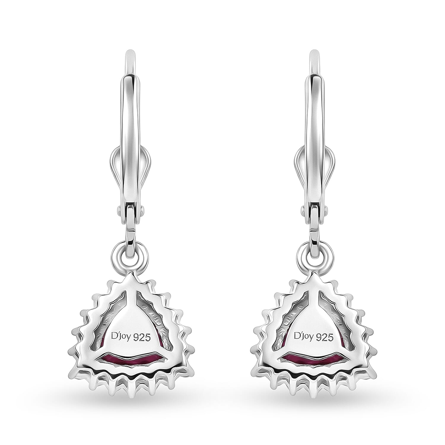 Royal Bali Collection - D'Joy African Ruby & White Zircon Trillion Cut Halo Earring with Lever Back in Rhodium Overlay Sterling Silver 2.72 Ct.