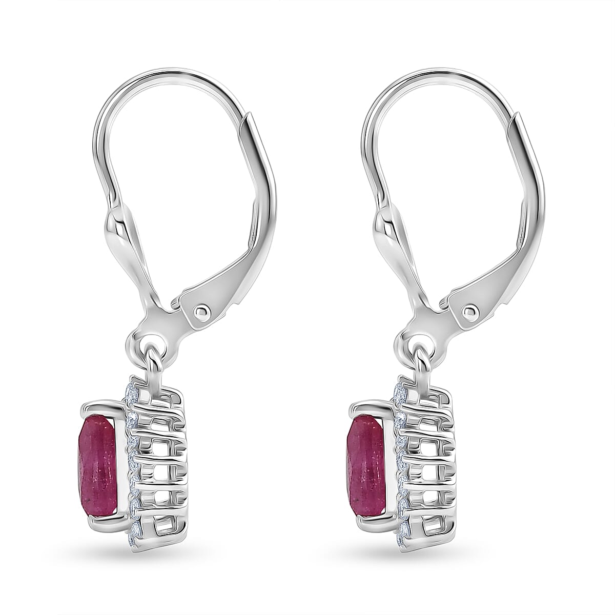 Royal Bali Collection - D'Joy African Ruby & White Zircon Trillion Cut Halo Earring with Lever Back in Rhodium Overlay Sterling Silver 2.72 Ct.