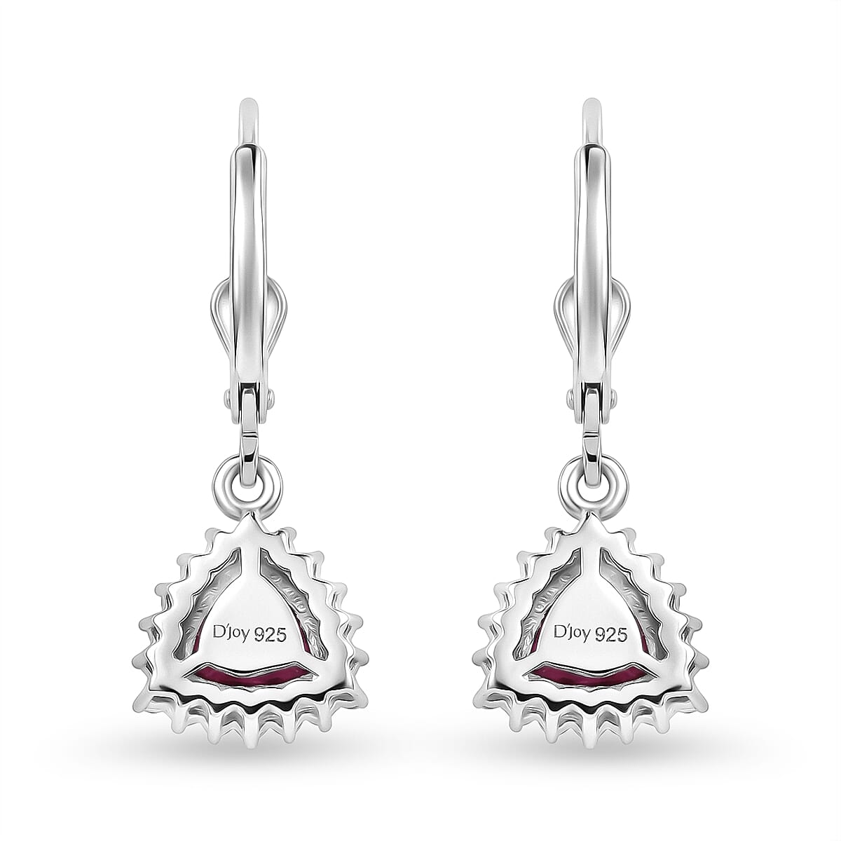 Royal Bali Collection - D'Joy African Ruby & White Zircon Trillion Cut Halo Earring with Lever Back in Rhodium Overlay Sterling Silver 2.72 Ct.