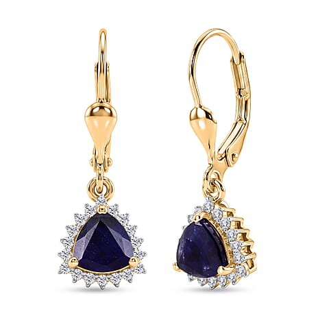 Royal Bali Collection - D'Joy Masoala Sapphire & White Zircon Lever Back Earring in 18K Vermeil Yellow Gold Plated Sterling Silver 2.88 Ct.