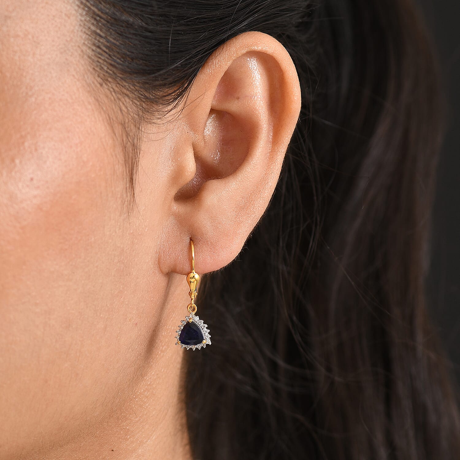Royal Bali Collection - D'Joy Masoala Sapphire & White Zircon Lever Back Earring in 18K Vermeil Yellow Gold Plated Sterling Silver 2.88 Ct.