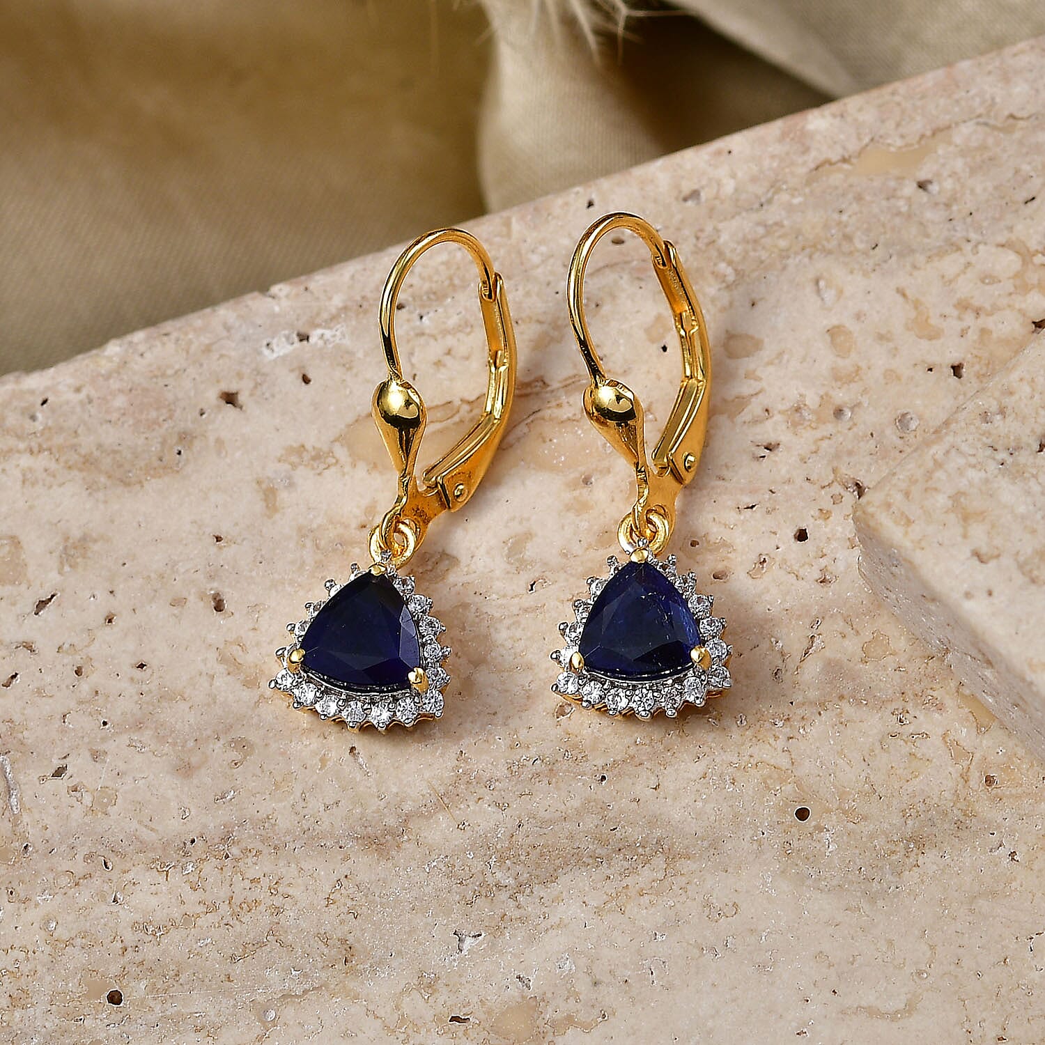 Royal Bali Collection - D'Joy Masoala Sapphire & White Zircon Lever Back Earring in 18K Vermeil Yellow Gold Plated Sterling Silver 2.88 Ct.