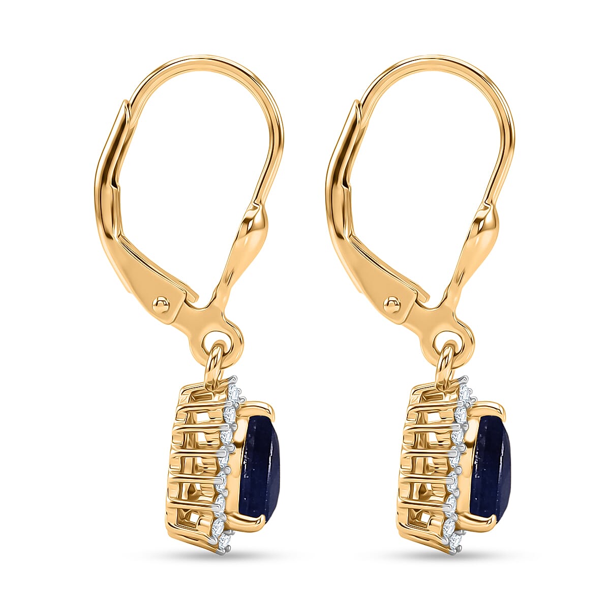 Royal Bali Collection - D'Joy Masoala Sapphire & White Zircon Lever Back Earring in 18K Vermeil Yellow Gold Plated Sterling Silver 2.88 Ct.