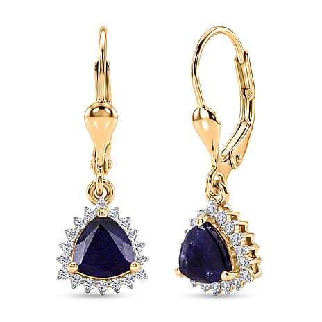 Royal Bali Collection - D'Joy Masoala Sapphire & White Zircon Lever Back Earring in 18K Vermeil Yellow Gold Plated Sterling Silver 2.88 Ct.