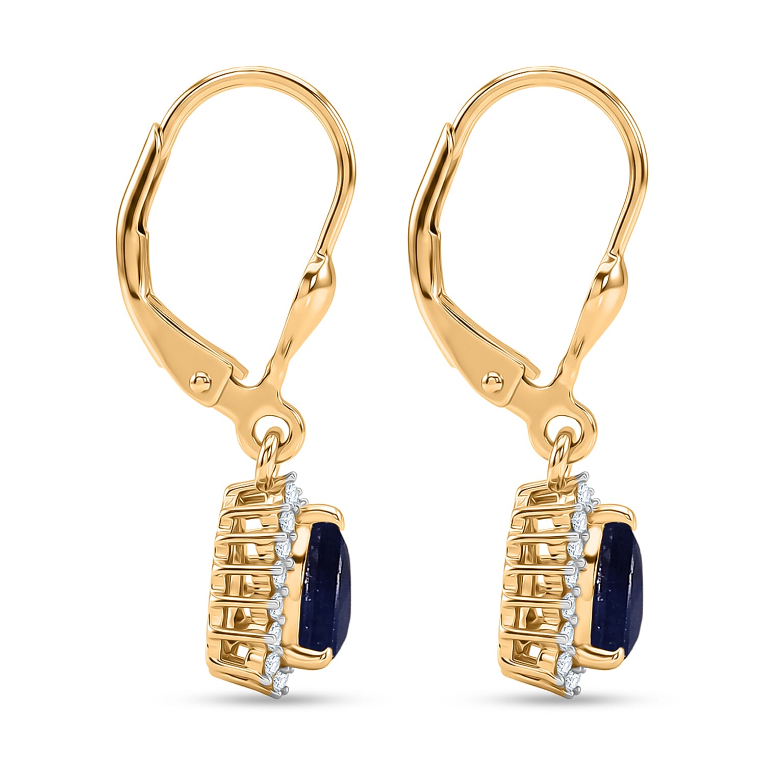 Royal Bali Collection - D'Joy Masoala Sapphire & White Zircon Lever Back Earring in 18K Vermeil Yellow Gold Plated Sterling Silver 2.88 Ct.