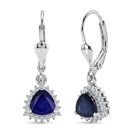 Royal Bali Collection - D'Joy Masoala Sapphire & White Zircon Lever Back Earring in Rhodium Overlay Sterling Silver 2.88 Ct.