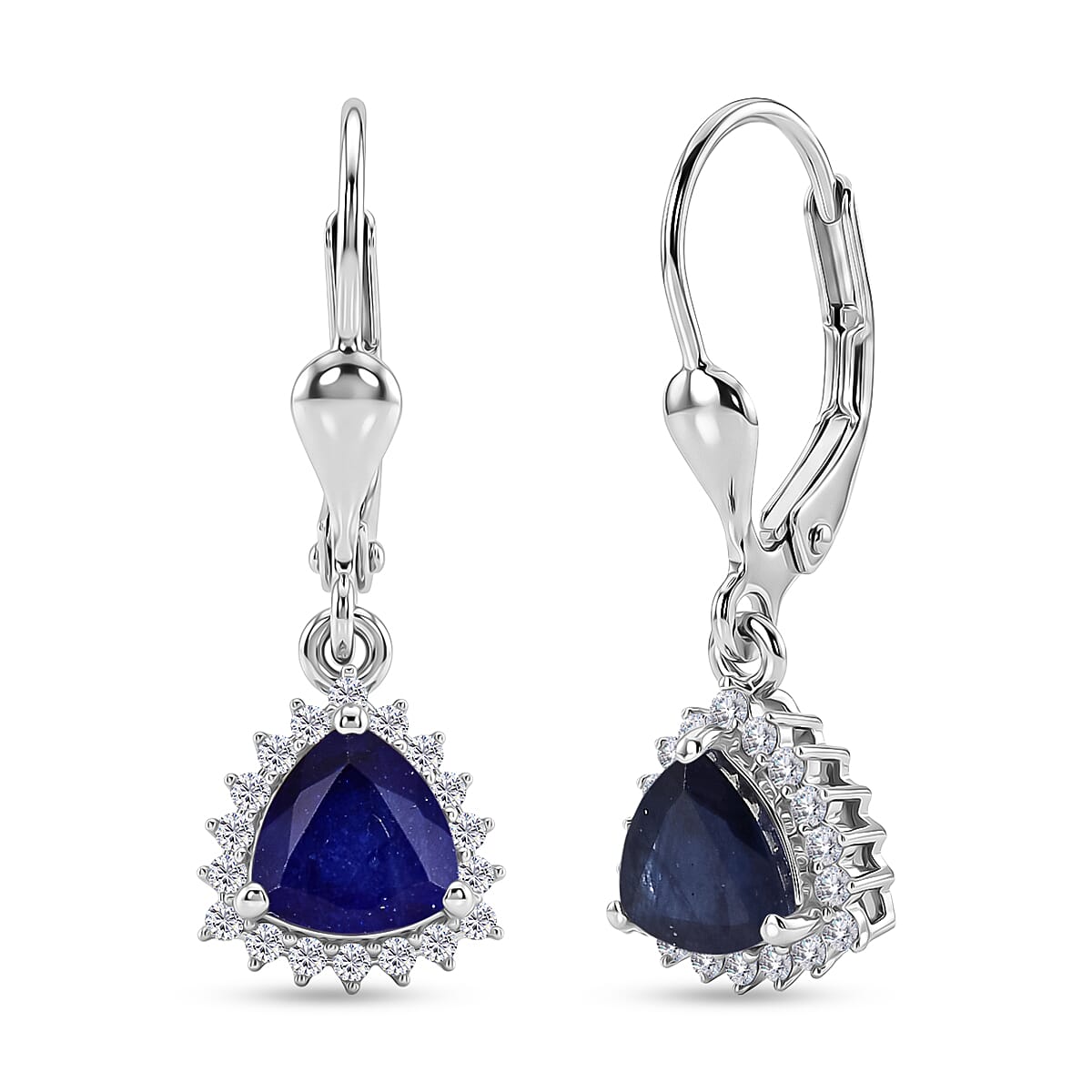 Royal Bali Collection - D'Joy Masoala Sapphire & White Zircon Lever Back Earring in Rhodium Overlay Sterling Silver 2.88 Ct.