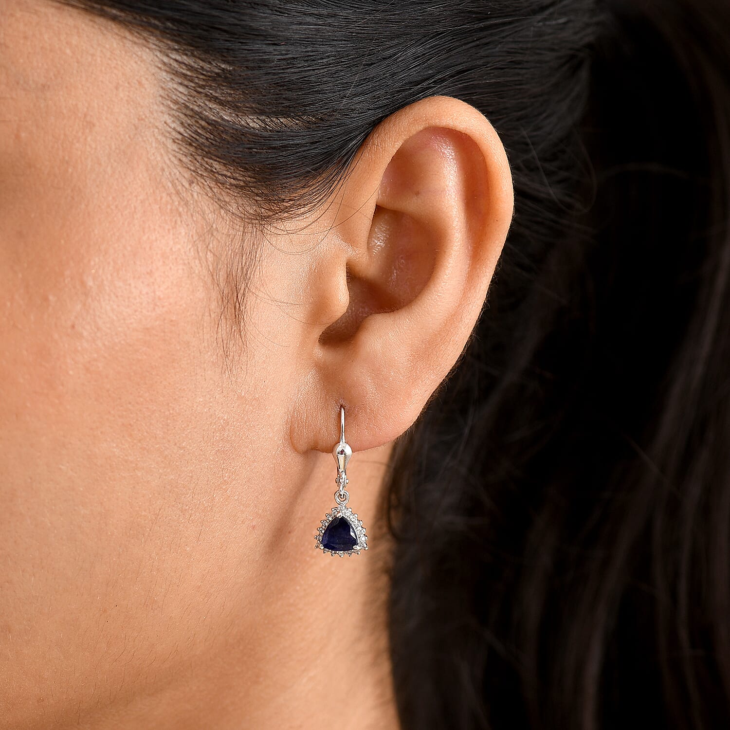 Royal Bali Collection - D'Joy Masoala Sapphire & White Zircon Lever Back Earring in Rhodium Overlay Sterling Silver 2.88 Ct.