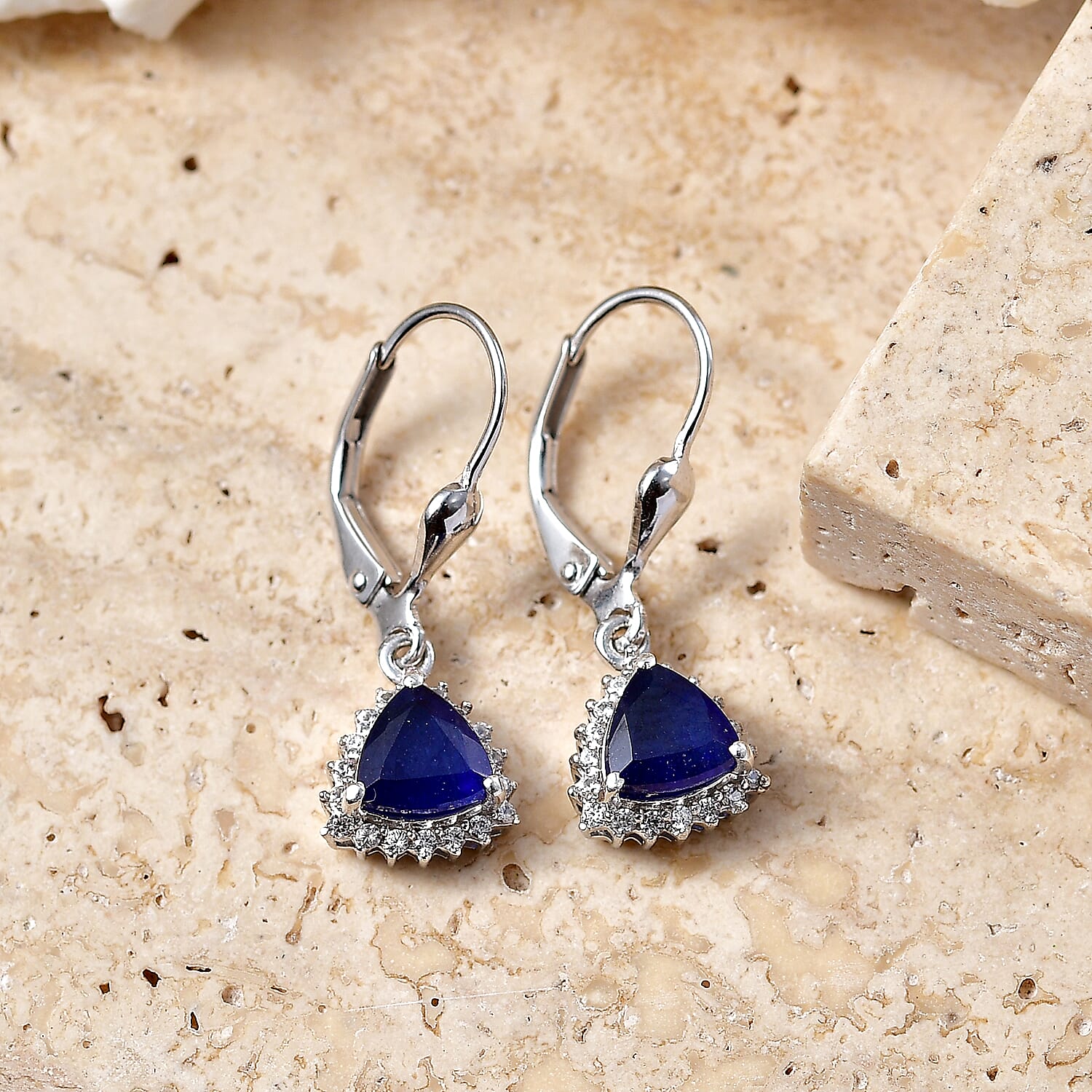 Royal Bali Collection - D'Joy Masoala Sapphire & White Zircon Lever Back Earring in Rhodium Overlay Sterling Silver 2.88 Ct.