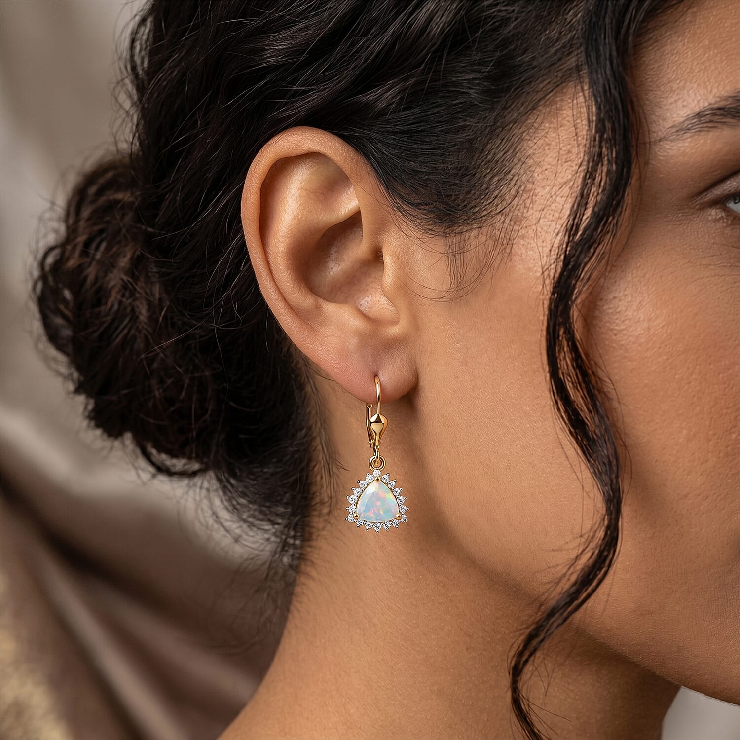D'Joy Ethiopian Opal, White Zircon Solitaire Lever Back Earring in 18K YG VermeilSterling Silver  1.136  Ct.