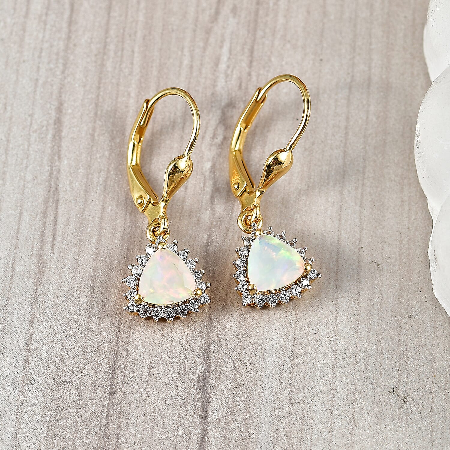D'Joy Ethiopian Opal, White Zircon Solitaire Lever Back Earring in 18K YG VermeilSterling Silver  1.136  Ct.