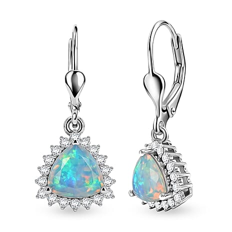Royal Bali Collection - D'Joy Ethiopian Opal & White Zircon Trillion Cut Halo Earring with Lever Back in Rhodium Overlay Sterling Silver 1.26 Ct.