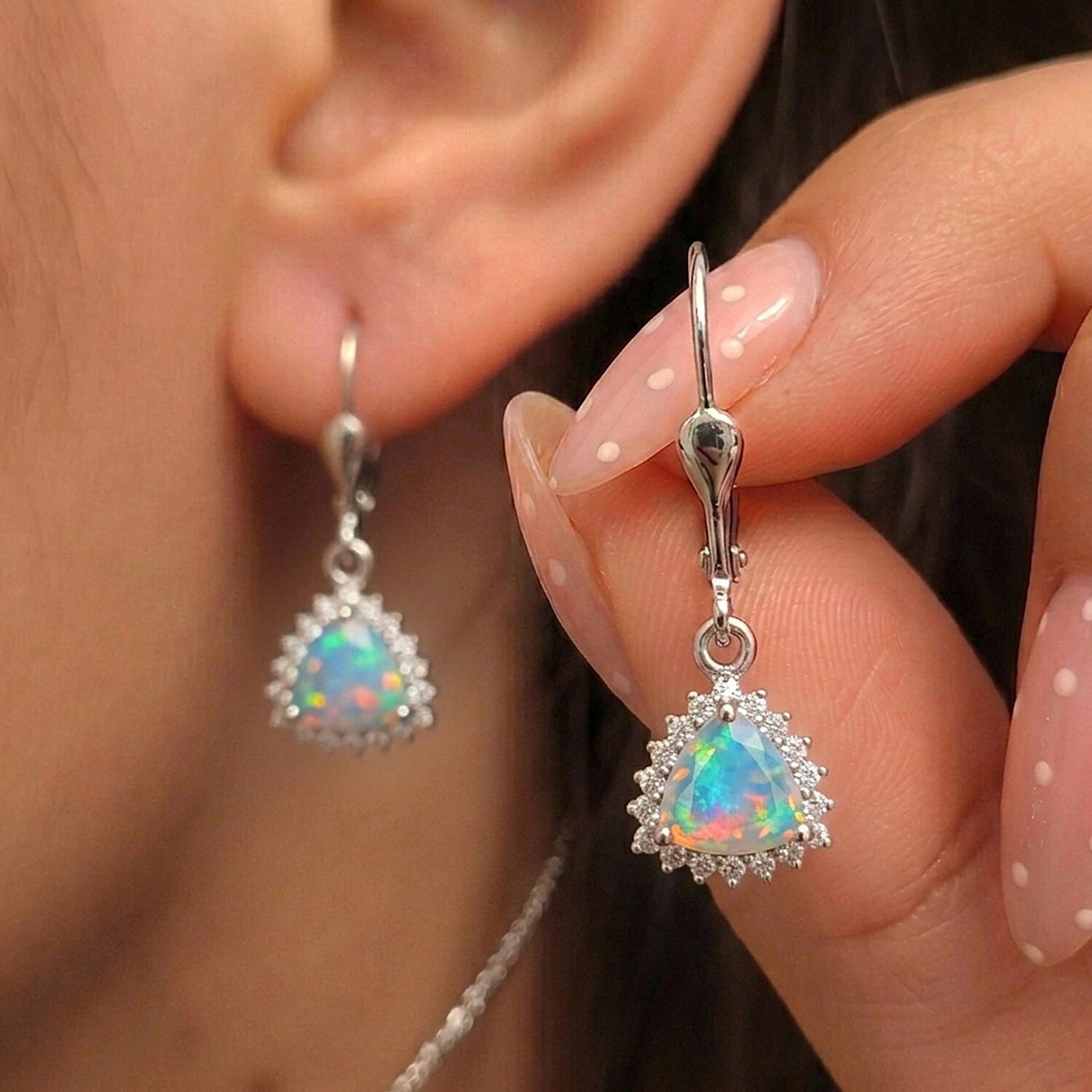 Royal Bali Collection - D'Joy Ethiopian Opal & White Zircon Trillion Cut Halo Earring with Lever Back in Rhodium Overlay Sterling Silver 1.26 Ct.