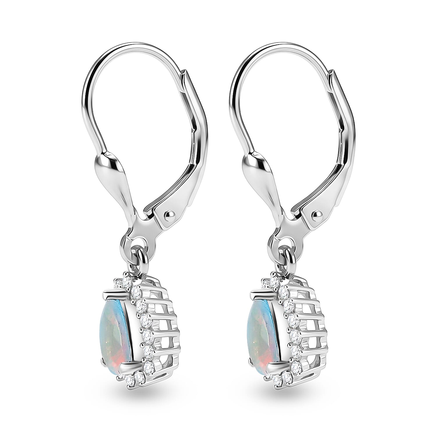 Royal Bali Collection - D'Joy Ethiopian Opal & White Zircon Trillion Cut Halo Earring with Lever Back in Rhodium Overlay Sterling Silver 1.26 Ct.
