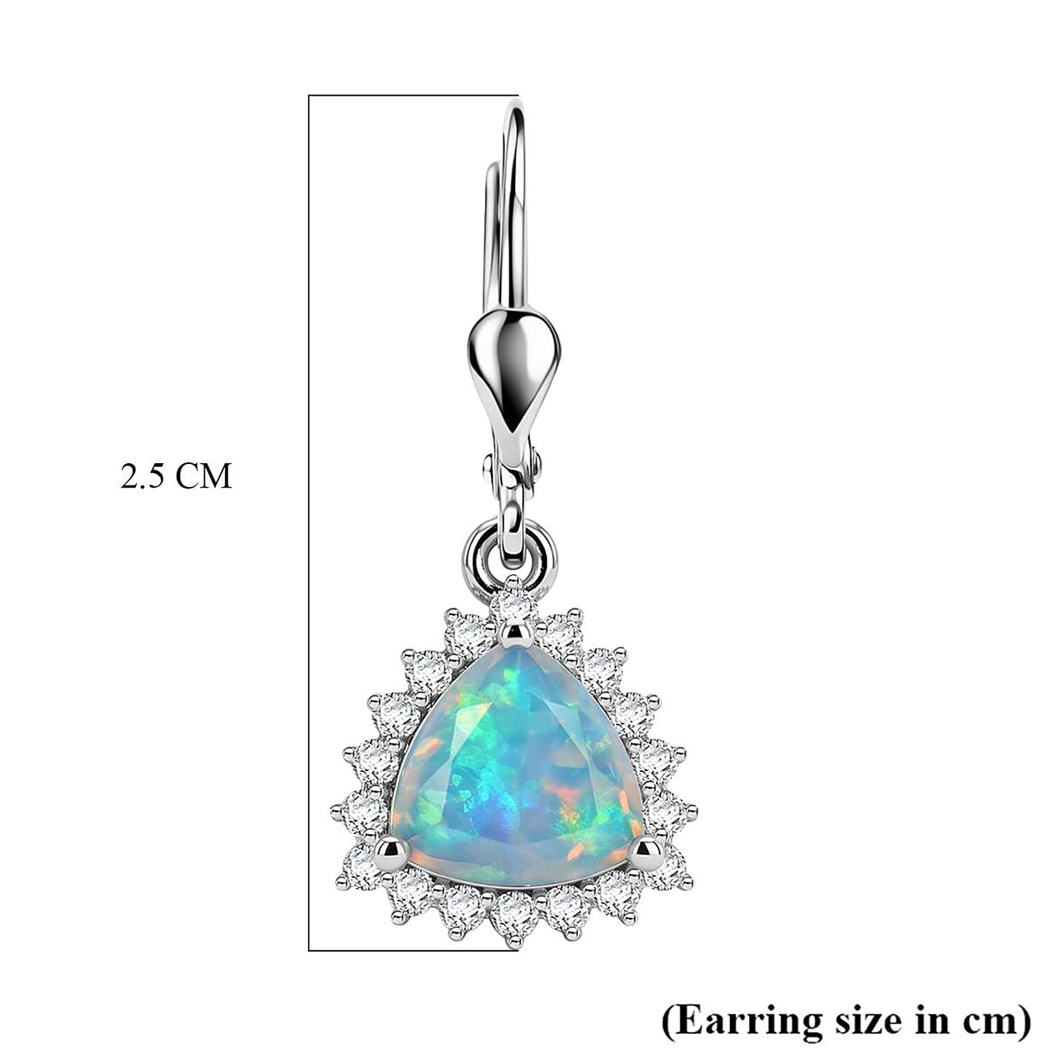 Royal Bali Collection - D'Joy Ethiopian Opal & White Zircon Trillion Cut Halo Earring with Lever Back in Rhodium Overlay Sterling Silver 1.26 Ct.