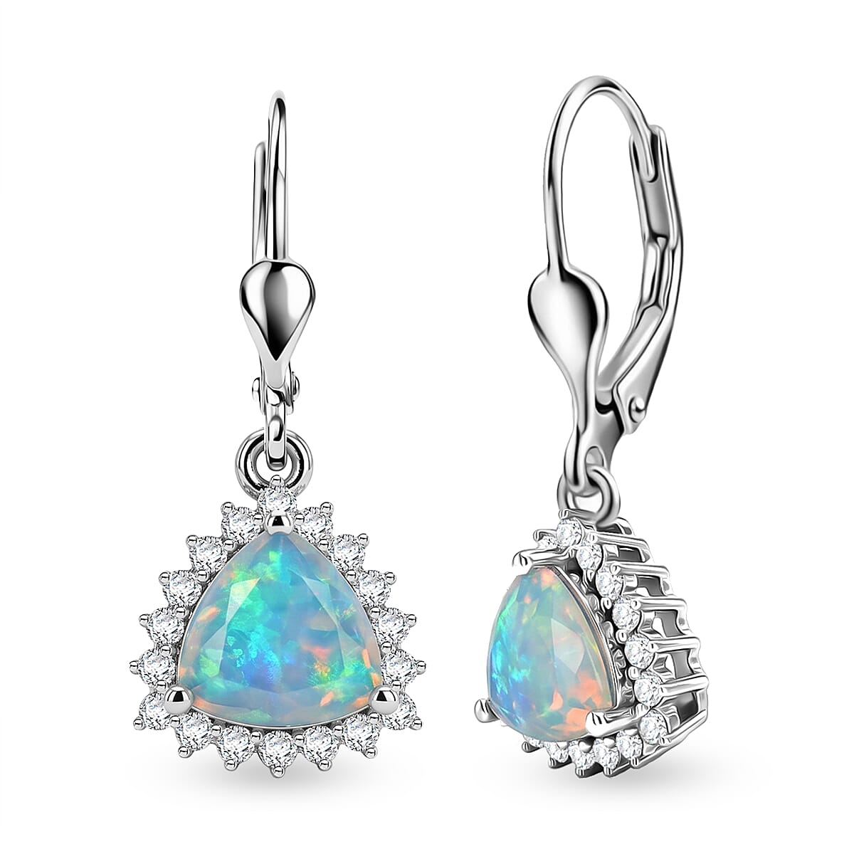 Royal Bali Collection - D'Joy Ethiopian Opal & White Zircon Trillion Cut Halo Earring with Lever Back in Rhodium Overlay Sterling Silver 1.26 Ct.