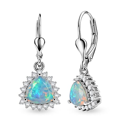 Royal Bali Collection - D'Joy Ethiopian Opal & White Zircon Trillion Cut Halo Earring with Lever Back in Rhodium Overlay Sterling Silver 1.26 Ct.