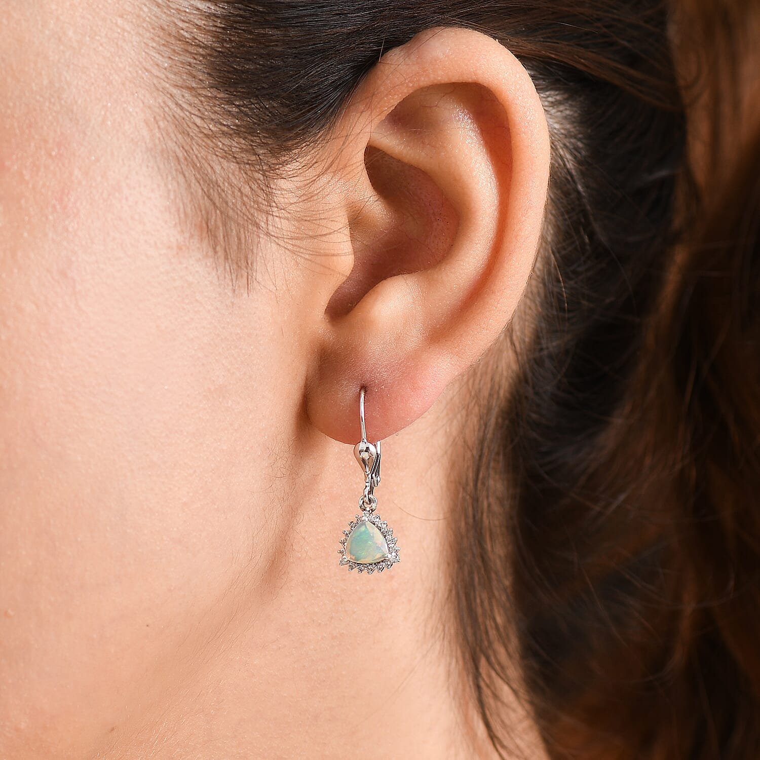 Royal Bali Collection - D'Joy Ethiopian Opal & White Zircon Trillion Cut Halo Earring with Lever Back in Rhodium Overlay Sterling Silver 1.26 Ct.