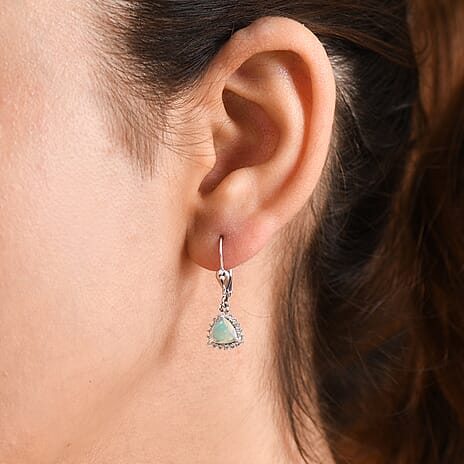 Royal Bali Collection - D'Joy Ethiopian Opal & White Zircon Trillion Cut Halo Earring with Lever Back in Rhodium Overlay Sterling Silver 1.26 Ct.