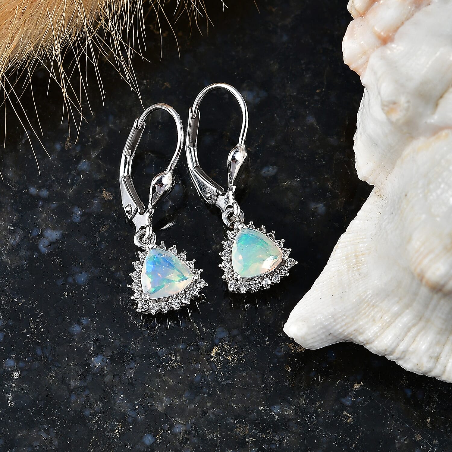 Royal Bali Collection - D'Joy Ethiopian Opal & White Zircon Trillion Cut Halo Earring with Lever Back in Rhodium Overlay Sterling Silver 1.26 Ct.