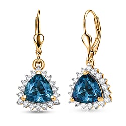 Royal Bali Collection - D'Joy London Blue Topaz & White Zircon Trillion Cut Halo Earring with Lever Back in 18K Vermeil Yellow Gold Plated Sterling Silver 2.08 Ct.