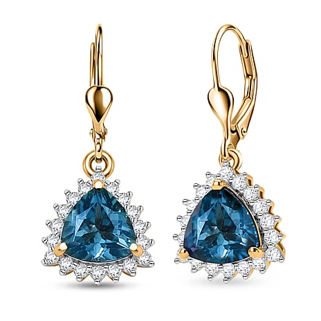 Royal Bali Collection - D'Joy London Blue Topaz & White Zircon Trillion Cut Halo Earring with Lever Back in 18K Vermeil Yellow Gold Plated Sterling Silver 2.08 Ct.