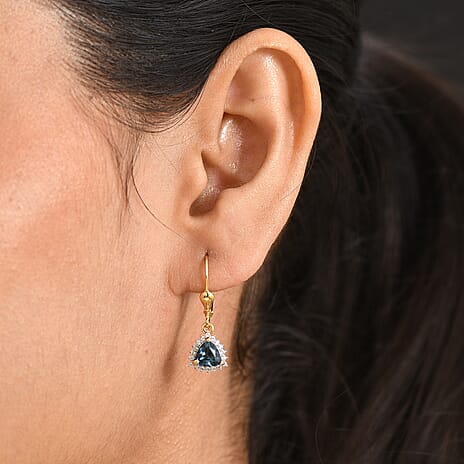 Royal Bali Collection - D'Joy London Blue Topaz & White Zircon Trillion Cut Halo Earring with Lever Back in 18K Vermeil Yellow Gold Plated Sterling Silver 2.08 Ct.