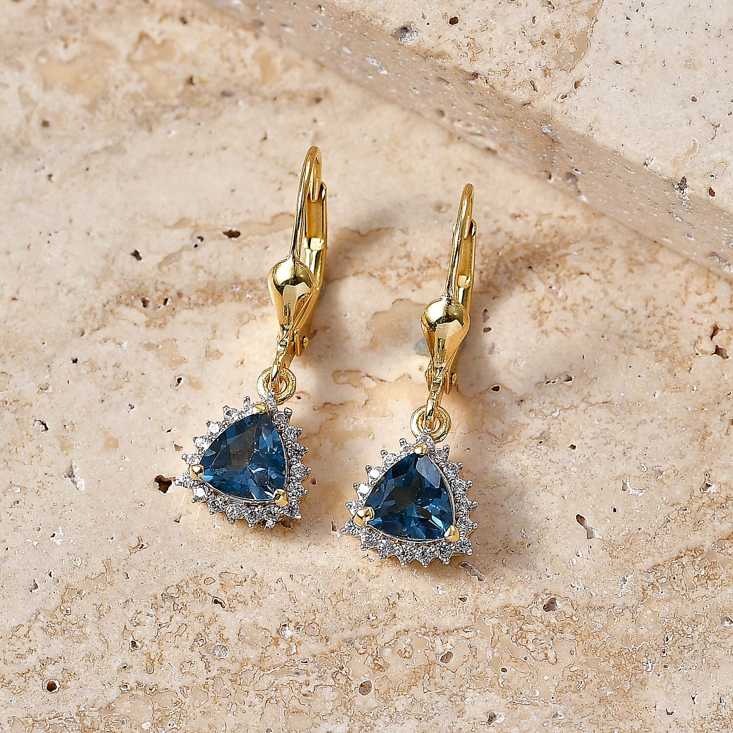 Royal Bali Collection - D'Joy London Blue Topaz & White Zircon Trillion Cut Halo Earring with Lever Back in 18K Vermeil Yellow Gold Plated Sterling Silver 2.08 Ct.