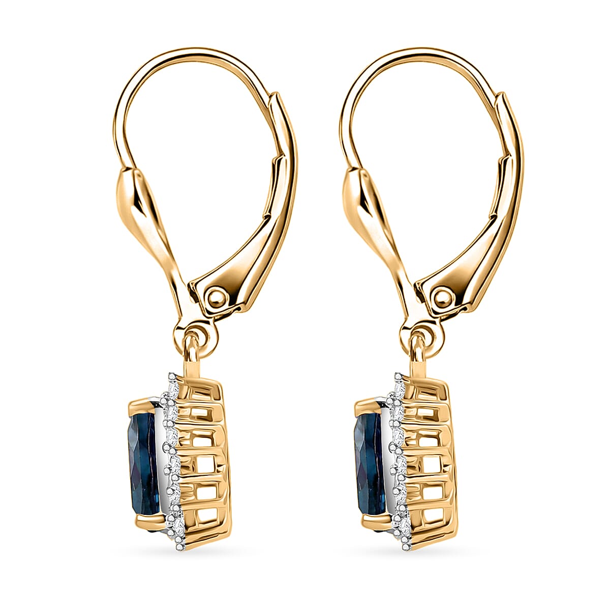 Royal Bali Collection - D'Joy London Blue Topaz & White Zircon Trillion Cut Halo Earring with Lever Back in 18K Vermeil Yellow Gold Plated Sterling Silver 2.08 Ct.
