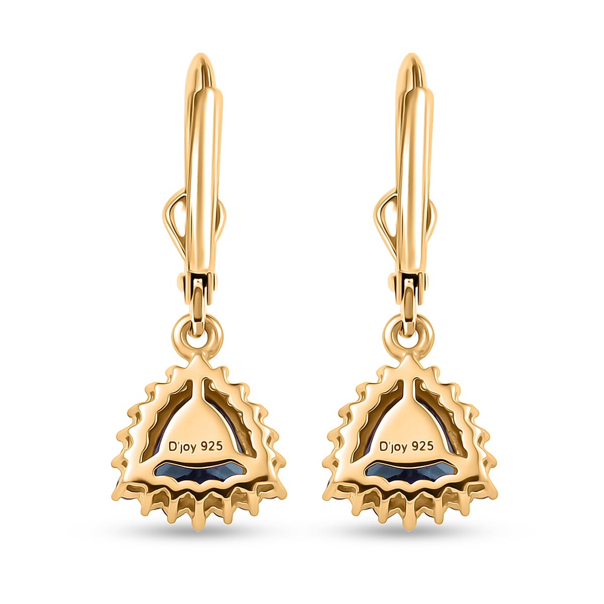 Royal Bali Collection - D'Joy London Blue Topaz & White Zircon Trillion Cut Halo Earring with Lever Back in 18K Vermeil Yellow Gold Plated Sterling Silver 2.08 Ct.
