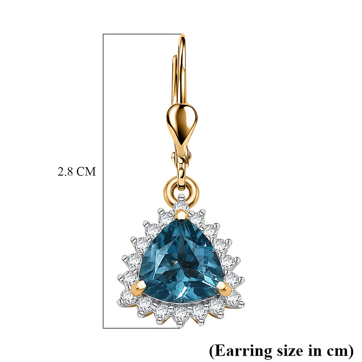 Royal Bali Collection - D'Joy London Blue Topaz & White Zircon Trillion Cut Halo Earring with Lever Back in 18K Vermeil Yellow Gold Plated Sterling Silver 2.08 Ct.